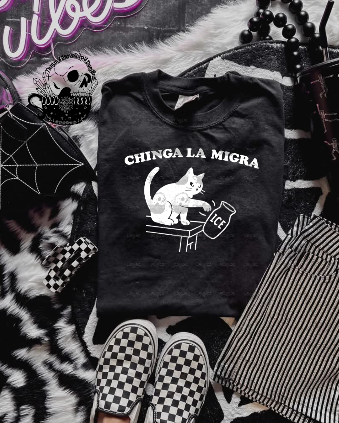 Chinga La Migra (white cat)