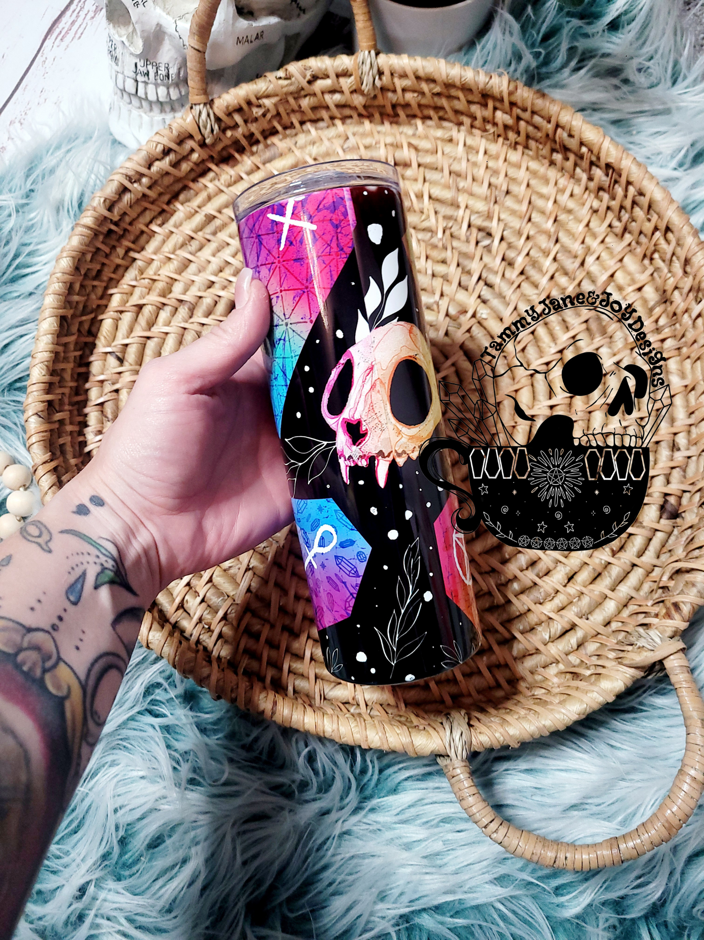 Kitty Skulls & Coffins Neon Tumbler