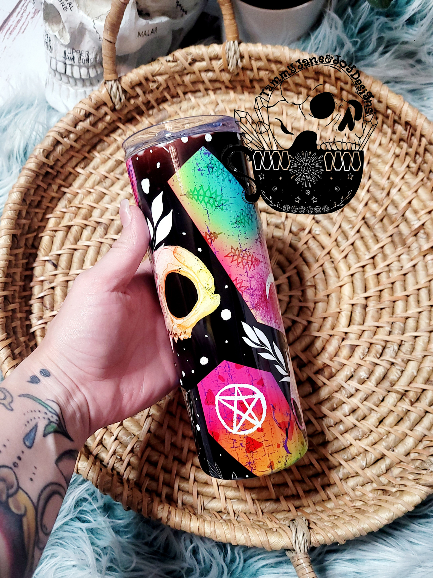 Kitty Skulls & Coffins Neon Tumbler