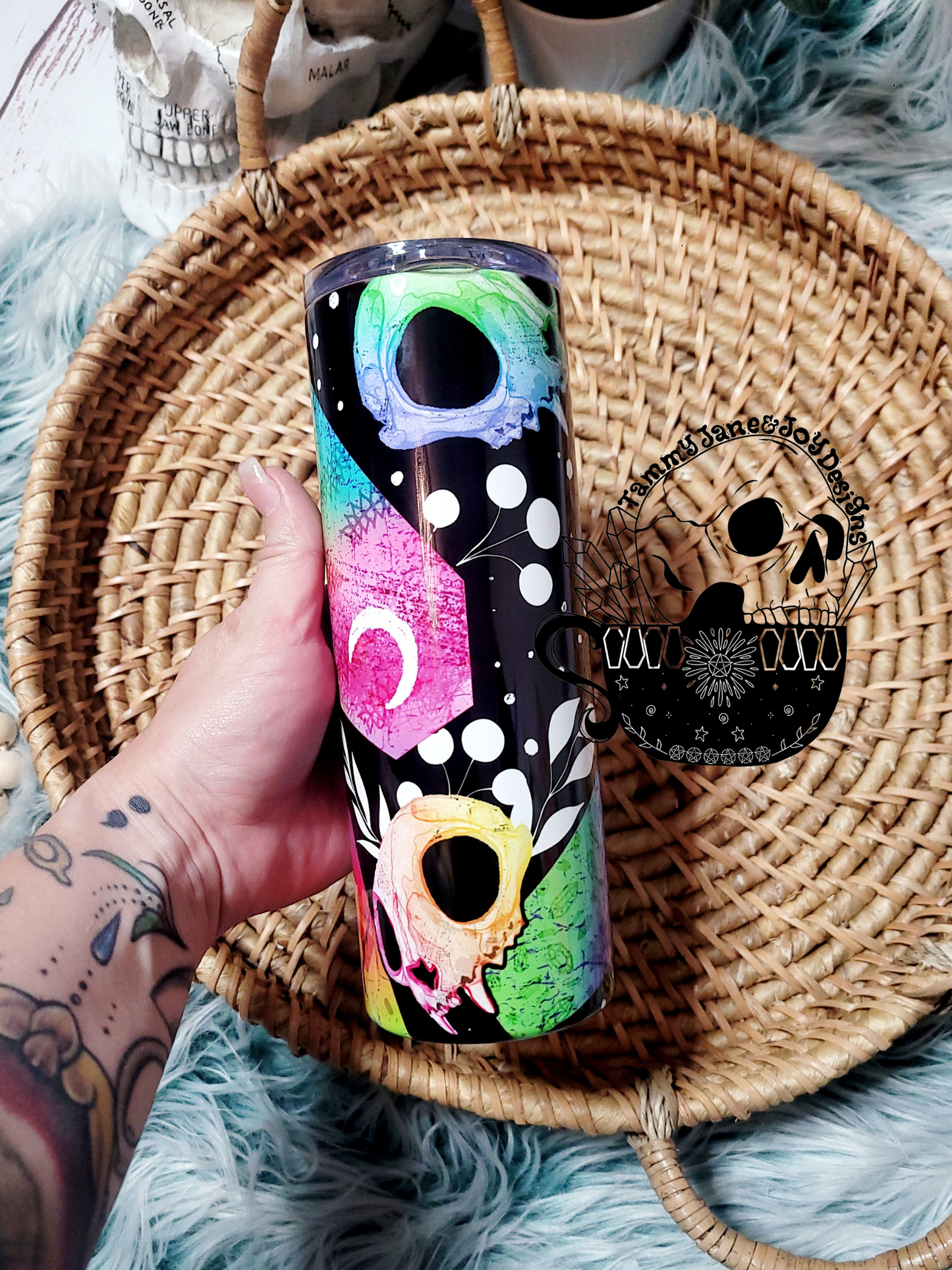 Kitty Skulls & Coffins Neon Tumbler
