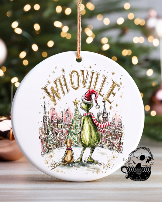 Green Christmas Town Ceramic Ornament