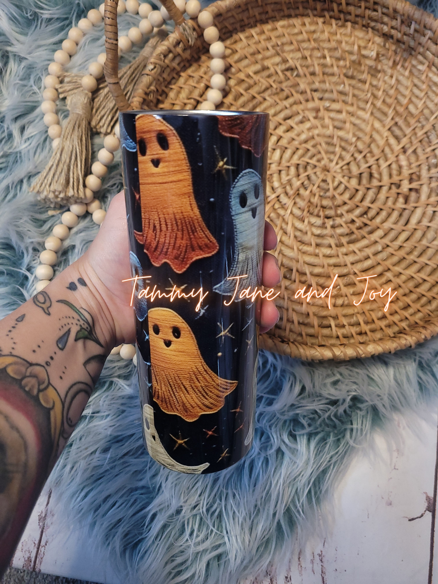 Faux Embroidery Ghosties in Navy Tumbler