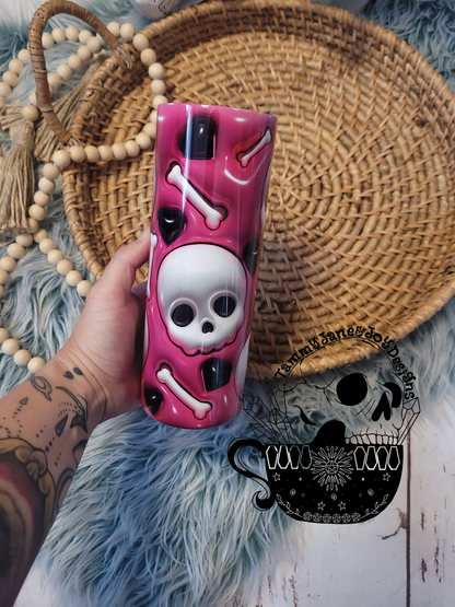 Hot Pink 3D Puff Skulls & Bones 20 oz Tumbler